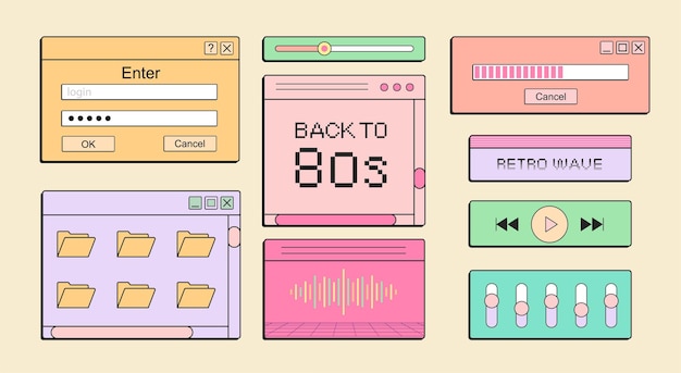 Set of music ui elements audio player template retro wave