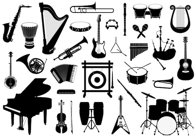 Set Of Musical Instruments Silhouettes, Drums, Percussion, keyboard And String Instruments.