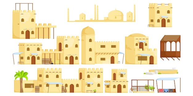 Set of muslim antique building Arabian cityscape architecture cartoon mosque ancient traditional town Arab house historical authentic middle east religion urban Vector illustration