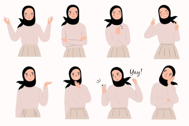 set of  muslim woman cartoon illustration