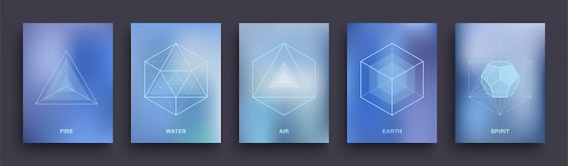 Set of Mystic Esoteric Posters. Sacred Geometry Covers Template Design. Five Minimal Ideal Platonic Solids.