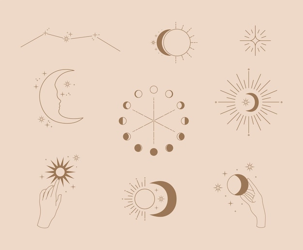 Set of mystical magic logo with elegant hands moon sun and stars