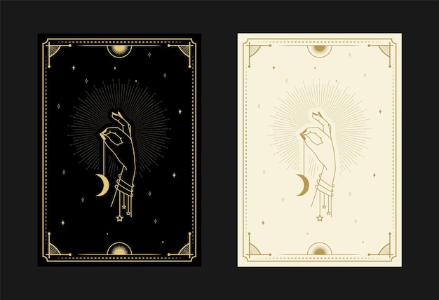 set of mystical tarot cards alchemical Doodle symbols engraving of stars moon rays and crystals