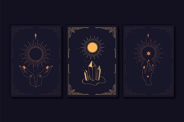 Set of mystical tarot cards. Elements of esoteric, occult, alchemical and witch symbols. Zodiac signs. Cards with esoteric symbols. Silhouette of hands, stars, moon and crystals. Vector illustration