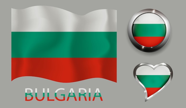 set nation Bulgaria flag glossy button heart