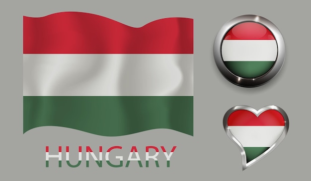 set nation Hungary flag glossy button heart