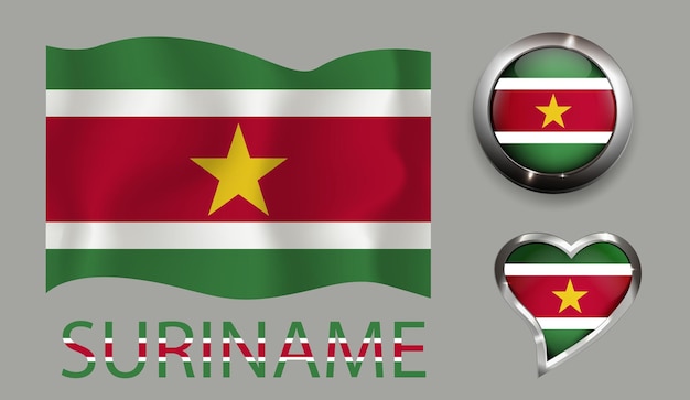 set nation  Suriname flag glossy button heart