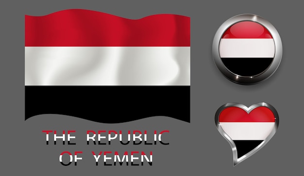 Set nation Yemen flag glossy button heart shaped