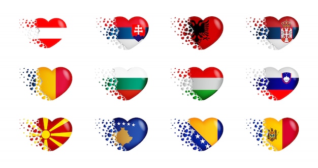 Set of national flags with fly out small hearts