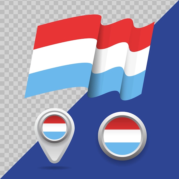 Set of national Luxembourg flag. 3D Luxembourg flag, map markers and emblem on transparent background vector illustration