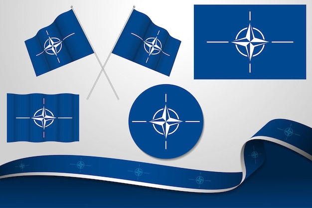 Set Of Nato Flags In Different Designs, Icon, Flaying Flags And ribbon With Background.