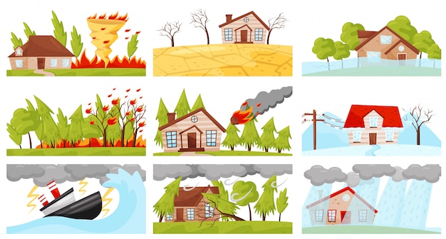 Vector   set of natural disasters illustrations. fire whirl, lightning storm, wildfire, meteorite fall