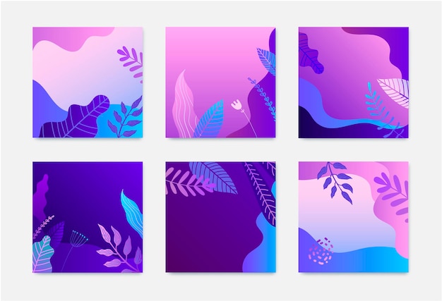 Set of nature square cards. Gradient leaves, flowers, waves.