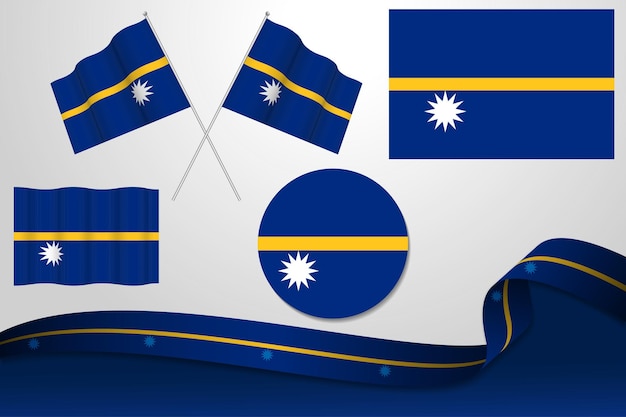 Set Of Nauru Flags In Different Designs, Icon, Flaying Flags And ribbon With Background.