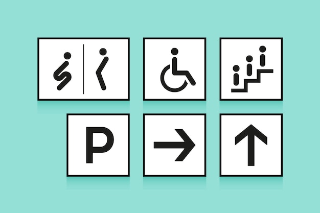 Set of navigation signs Icons toilet or WC arrow and escalator on white background Vector illustration