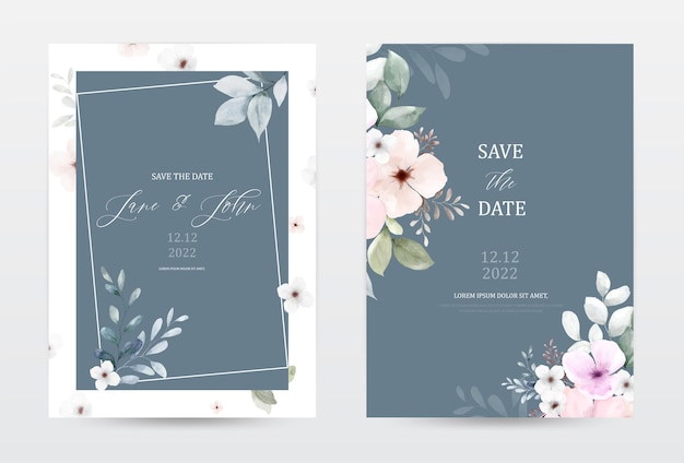 Set of navy blue invitation template cards with watercolor flowers and leaves Collection watercolor botanical vector suitable for Wedding Invitation save the date thank you or greeting card