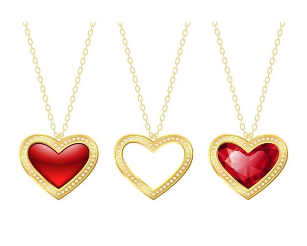 Set of Necklaces with golden hearts and brilliants Gift for Valentine Days