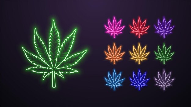 Vector a set of neon cannabis leaves in the colors blue orange yellow green red purple pink and white on a dark background