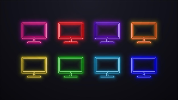 A set of neon computer monitor icons in different colors blue green red orange yellow purple and pink on a black background