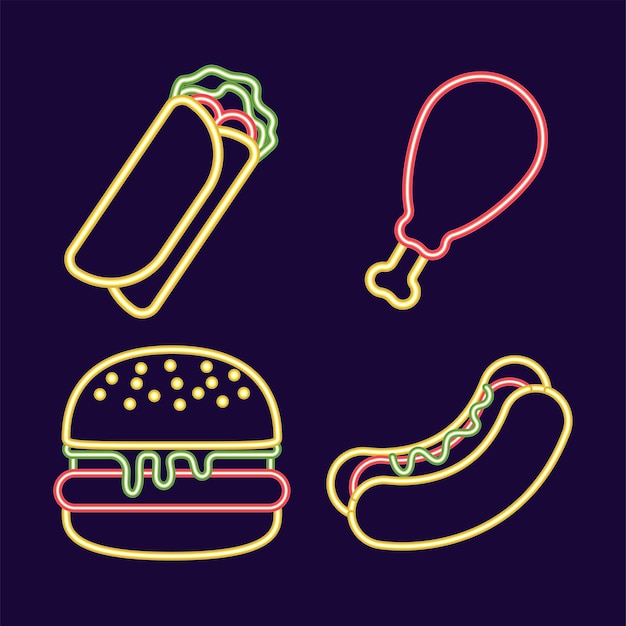 Set of neon fast food