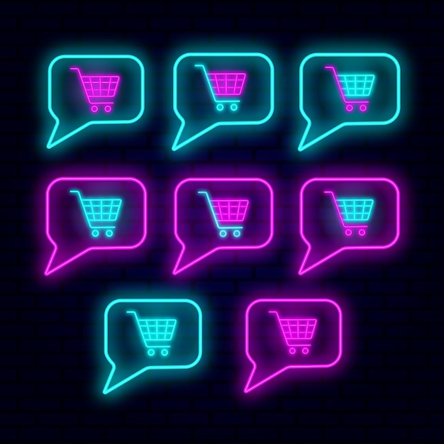 Set of neon notification icons with shopping cart