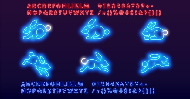 Set of neon rabbits hares and carrots for holiday decoration shop windows and banners for christmas