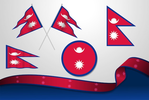 Set Of Nepal Flags In Different Designs Icon Flaying Flags With ribbon With Background