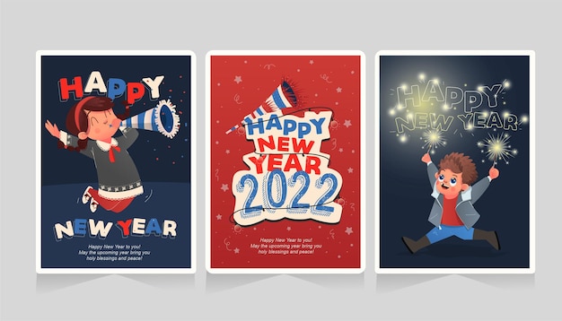 Set of new year cards with hand drawn cute boy playing fireworks and confetti trumpet