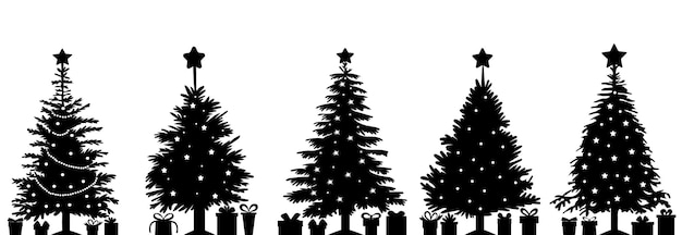 Set of new year christmas trees with gifts silhouette design isolated vector