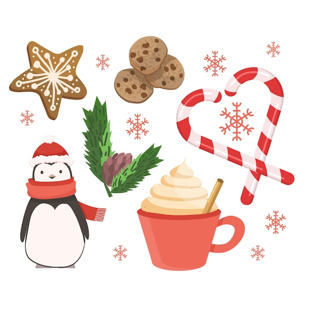 Set of New Year elements for design Cocoa gingerbread sweets and a cute penguin