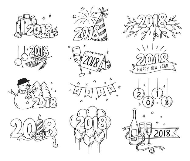 Set of New year greeting doodles isolated on white background