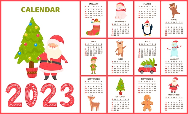 A set of New Year's calendar is ready to print Santa Claus reindeer gifts Christmas tree