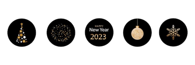 Set of New Year's stickers. Black and gold. Fireworks, golden balls and snowflakes. Vector graphics