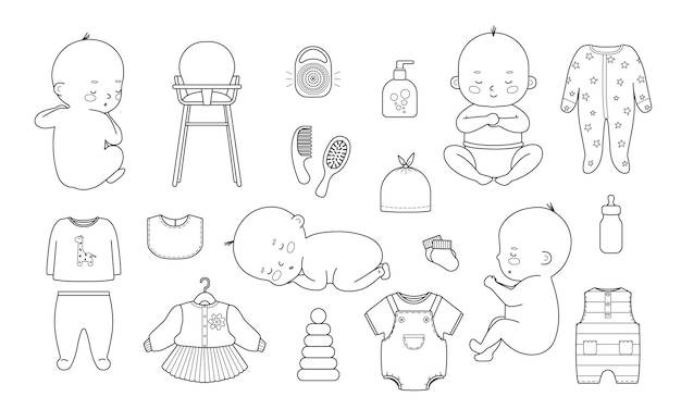 Vector set of newborn icons collection with children and baby items and toys in hand drawn doodle outline style vector illustration for design