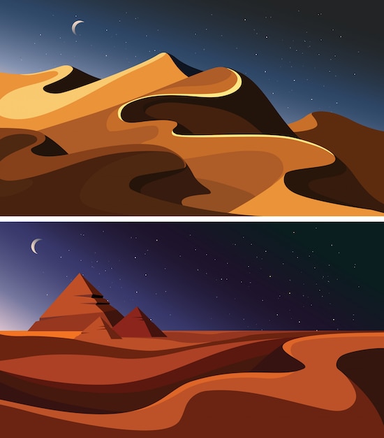 Set of night desert landscapes. Beautiful sand sceneries.