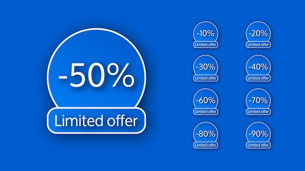 Set of nine banner limited offer with different percentages of discounts from 10 to 90. White numbers on blue backgrounds with shadow. Vector illustration