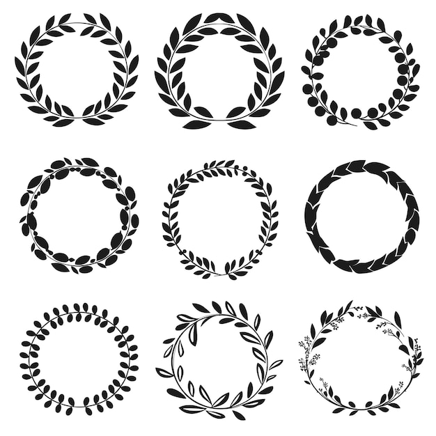 Vector set of nine black and white laurel wreath designs in various styles