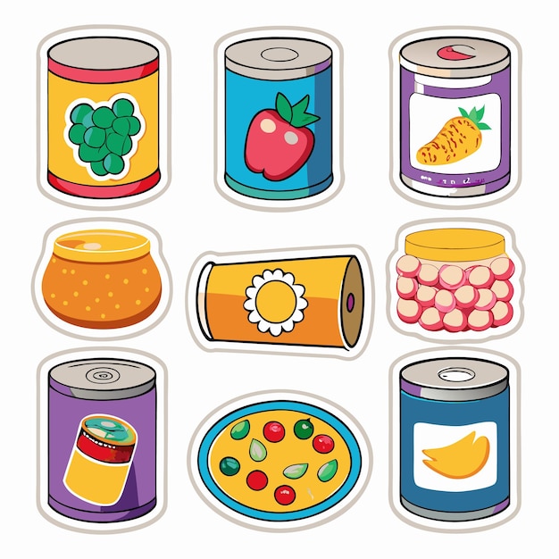 Vector set of nine cartoon cans with various fruits and vegetables