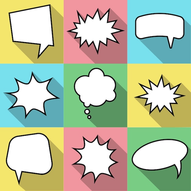 Set of nine cartoon comic balloon speech bubbles in flat style. Elements of design comic books without phrases. Vector illustration