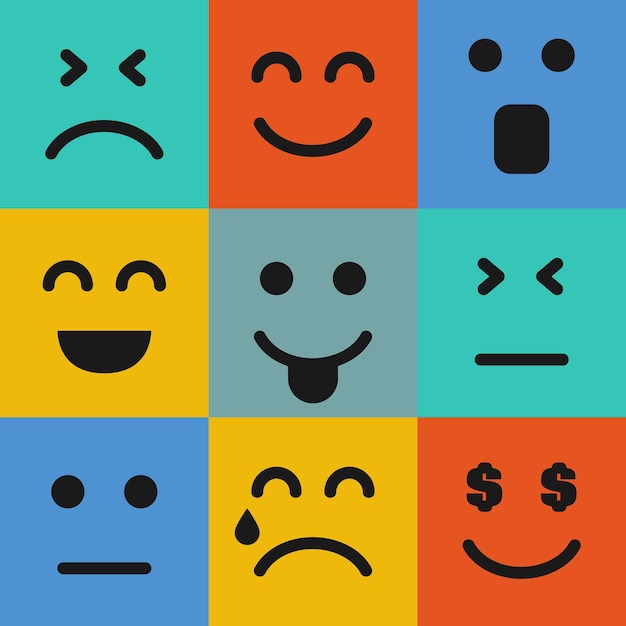 Set of nine colorful emoticons. Emoji icon in square. Flat background pattern. Vector illustration