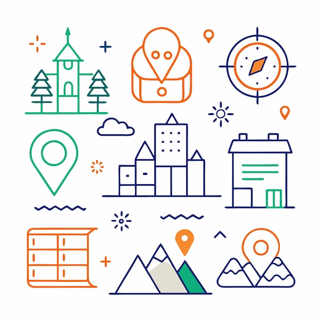 Vector a set of nine colorful line icons representing various locations including a church a house a city a building mountains and a compass