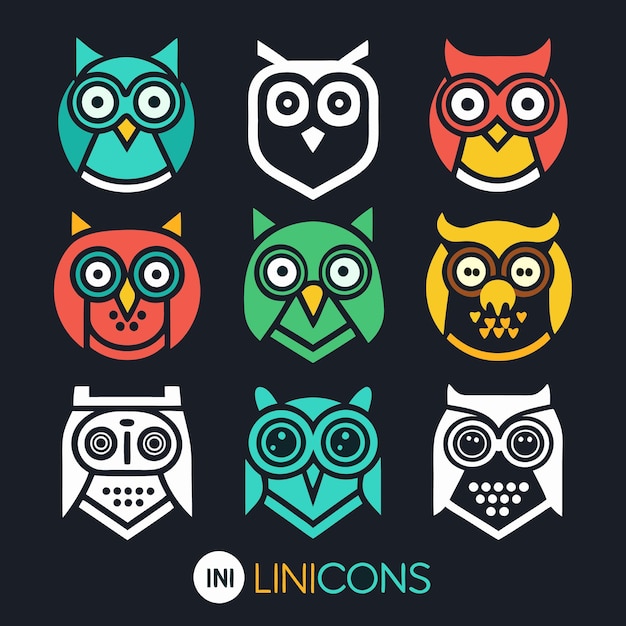 Set of Nine Colorful Owl Icons