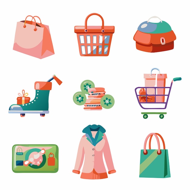 A set of nine colorful shopping icons with a shopping bag a shopping basket a shopping cart a gift a jacket a coin and a shoe on a white background