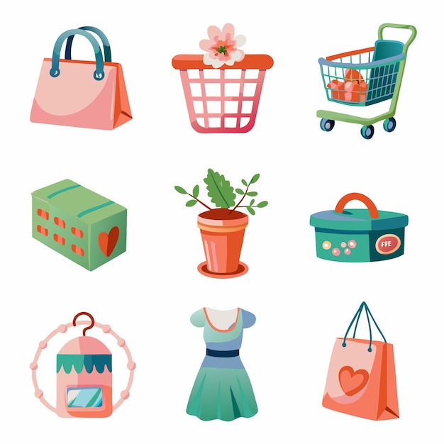 Set of nine colorful shopping and store elements including a shopping bag shopping basket shopping cart box plant in a pot a container a hanger dress and another shopping bag