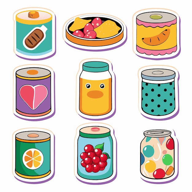 Vector set of nine colorful stickers with canned food