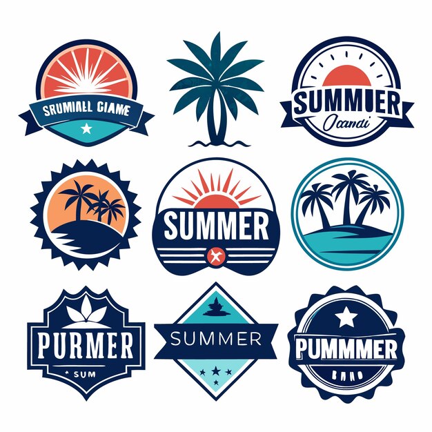 Vector set of nine colorful summer logos with palm trees sun and stars