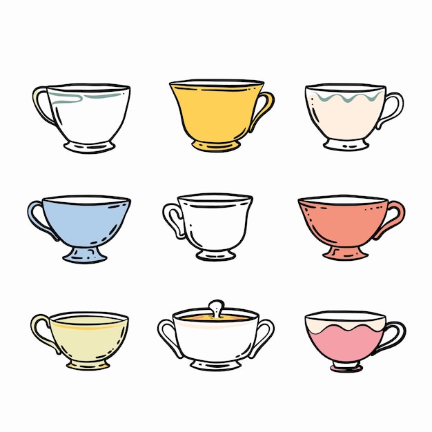 Set nine colorful teacups various designs handdrawn style Kitchenware illustration simple