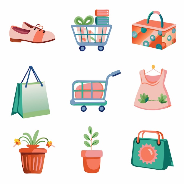 Set of nine colorful vector illustrations of shopping items a plant a shoe and a handbag