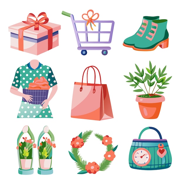 Set of nine cute cartoon shopping fashion gift and plants items