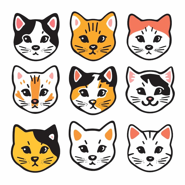 Set nine cute cat faces various fur patterns handdrawn cartoon style white background Feline